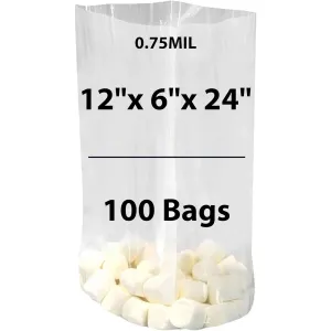 12X6X24 inches Gusseted Poly Bags Clear 0.75 Mil Low Density LDPE