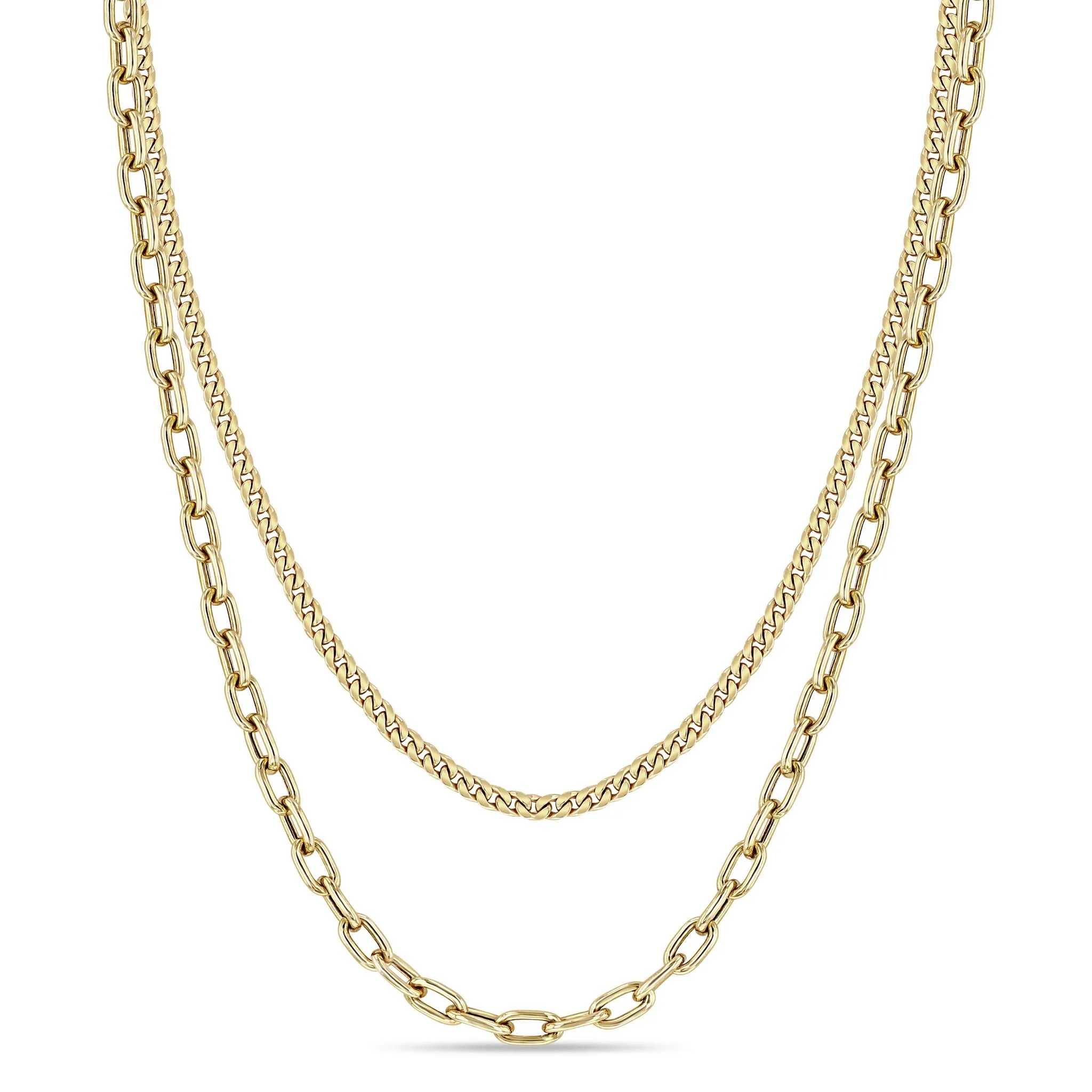 14k Small Curb Chain & Medium Square Oval Link Layered Necklace