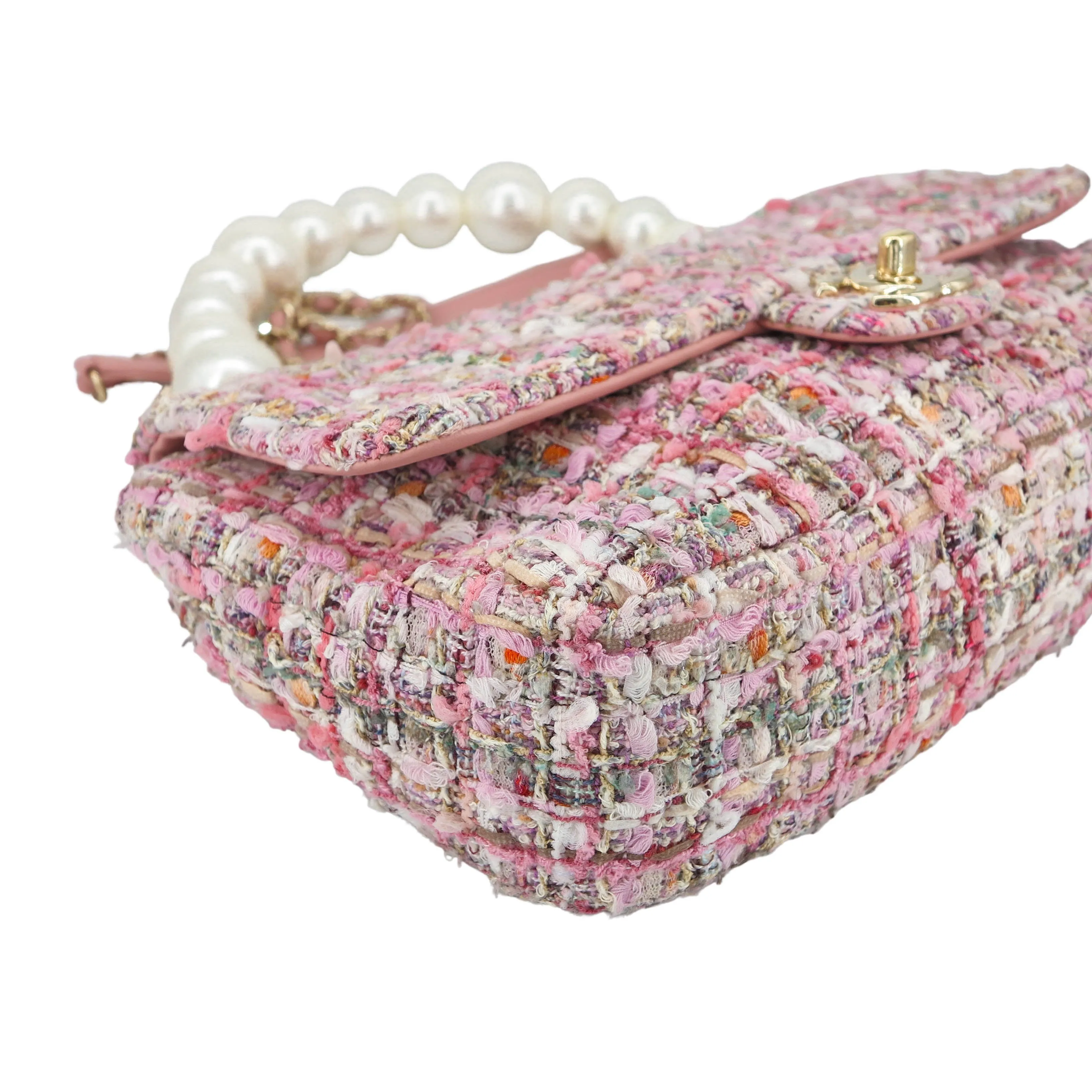 19S Pink Tweed Pearl Handle Medium Flap Bag