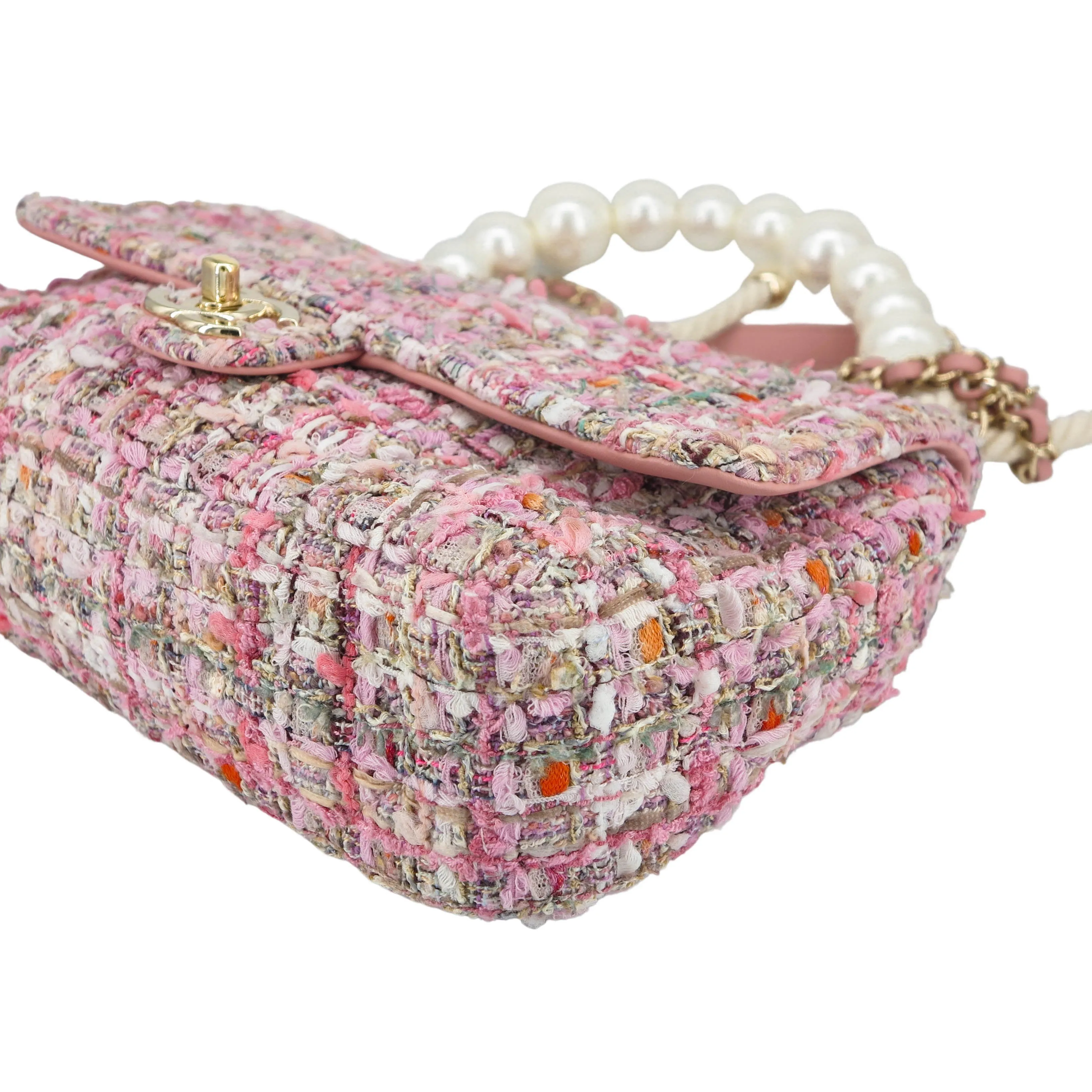 19S Pink Tweed Pearl Handle Medium Flap Bag
