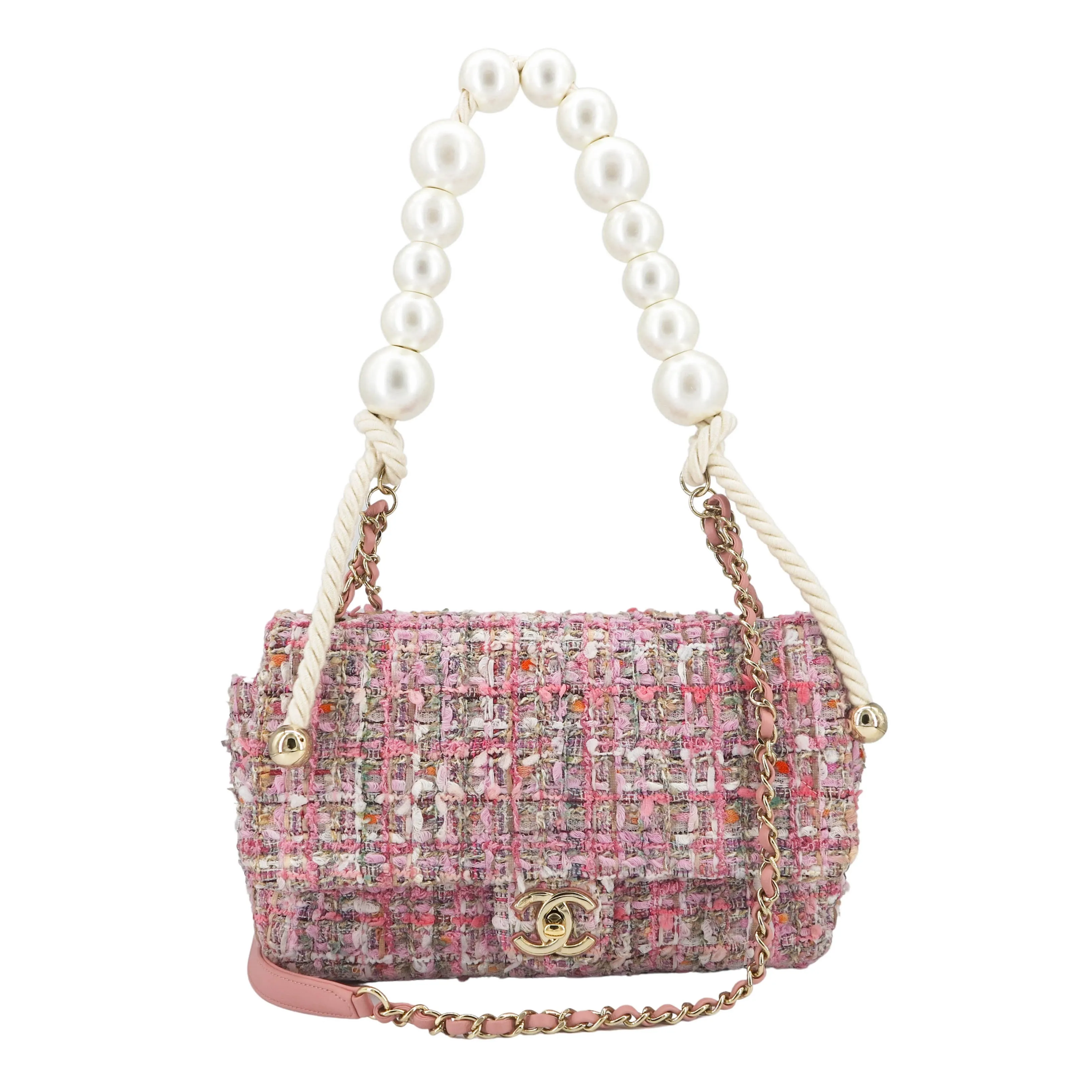 19S Pink Tweed Pearl Handle Medium Flap Bag