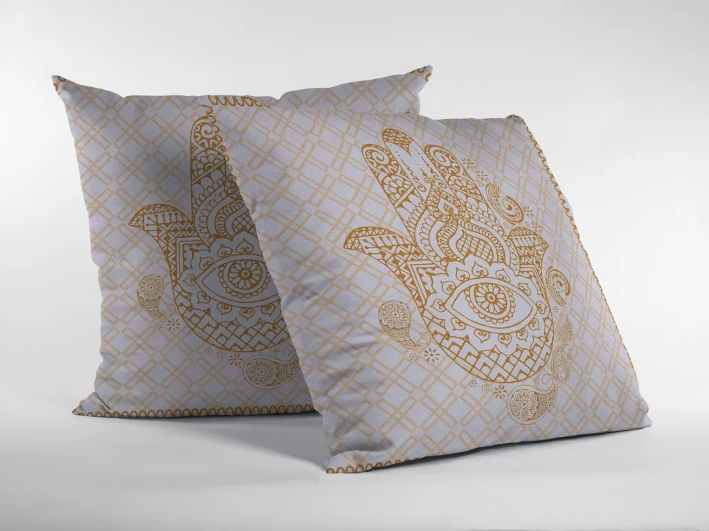 20” Gold White Hamsa Indoor Outdoor Zippered Throw Pillow