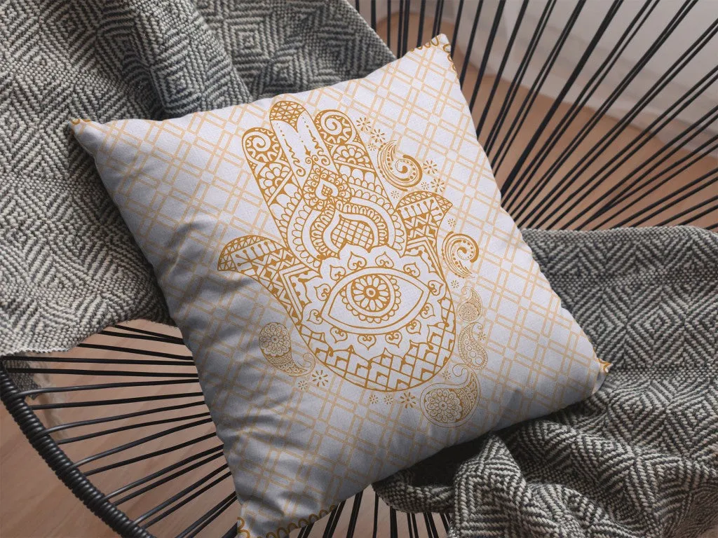 20” Gold White Hamsa Indoor Outdoor Zippered Throw Pillow