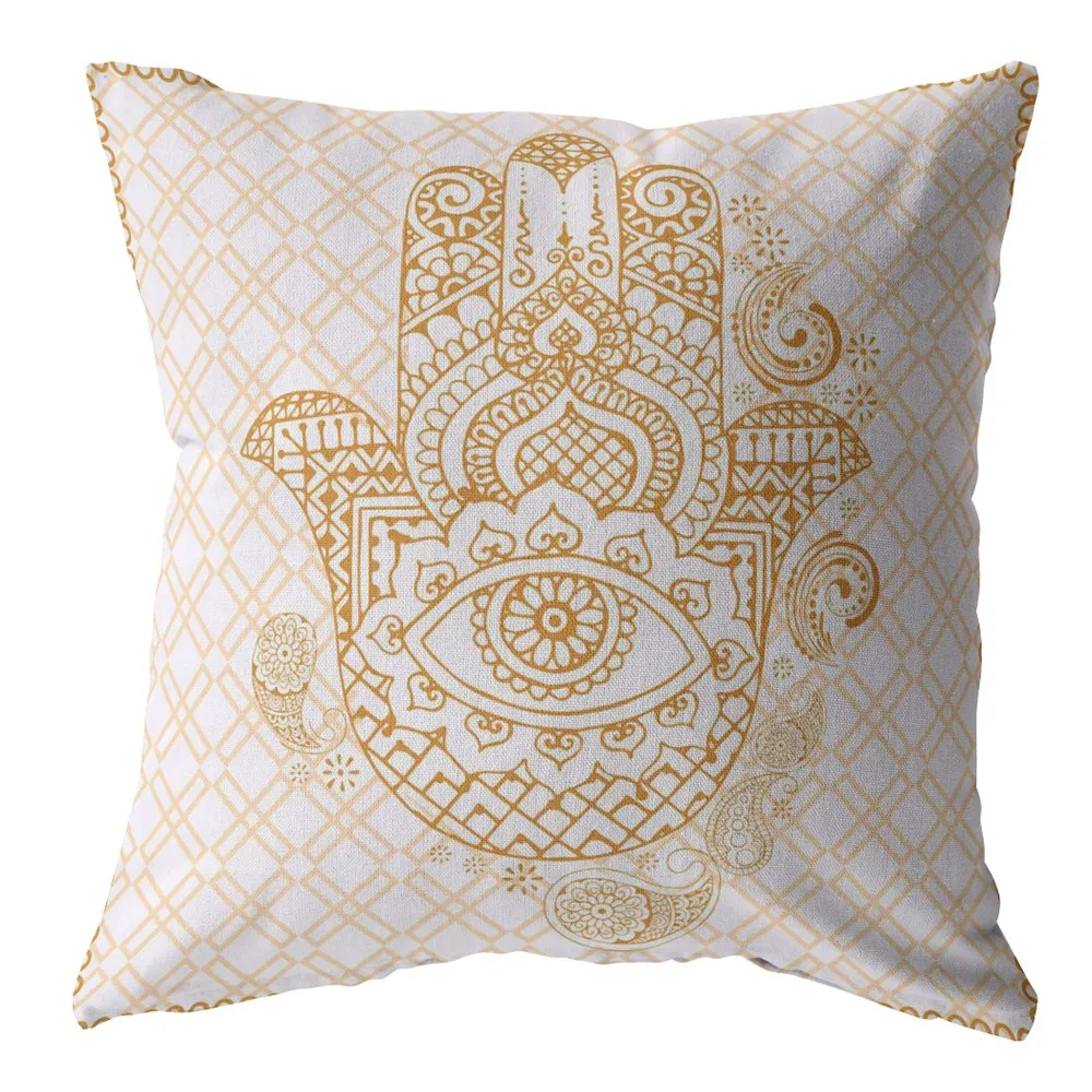20” Gold White Hamsa Indoor Outdoor Zippered Throw Pillow
