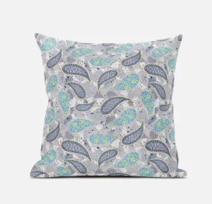 20” Gray Green Boho Paisley Zippered Suede Throw Pillow