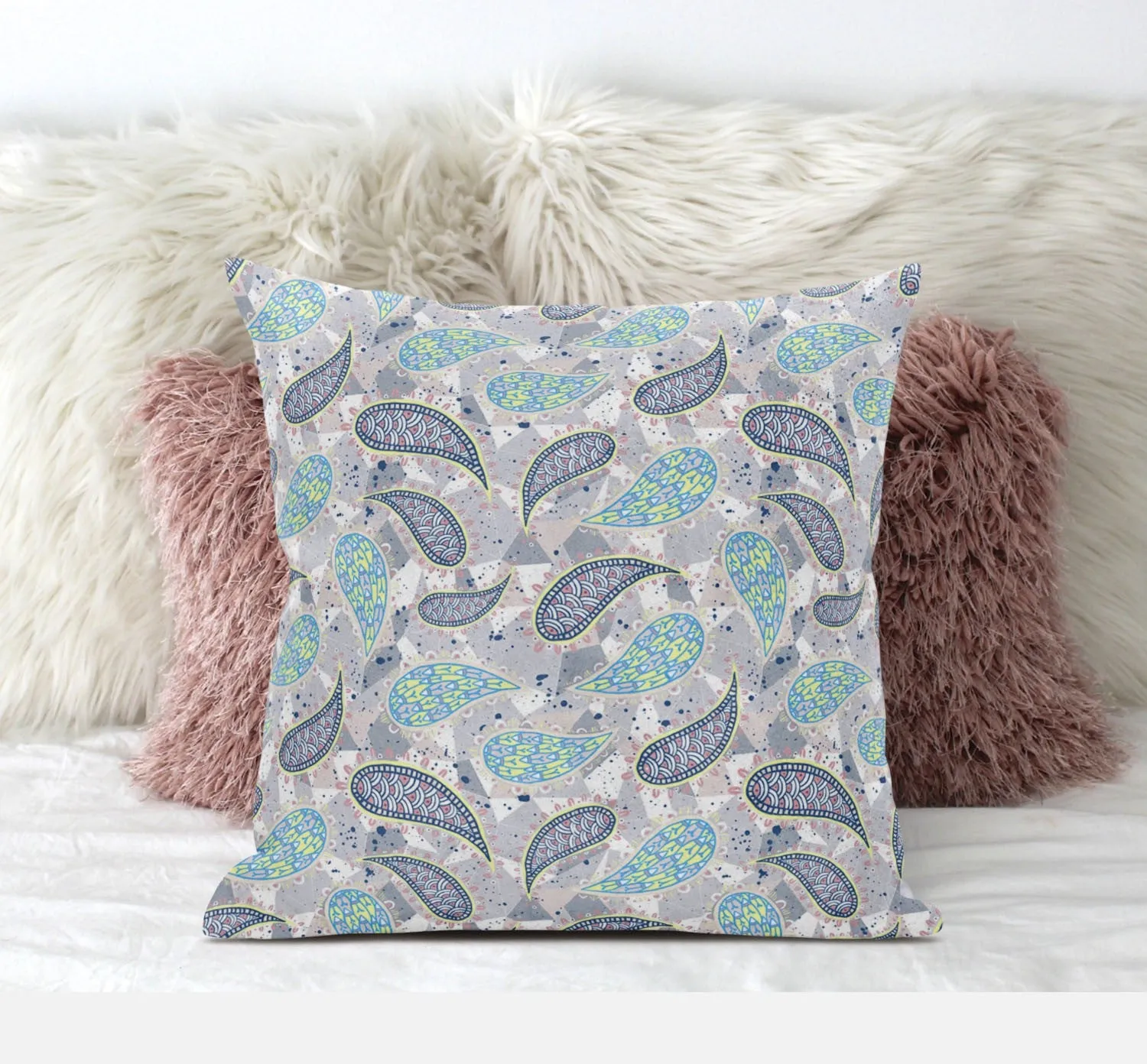 20” Gray Green Boho Paisley Zippered Suede Throw Pillow