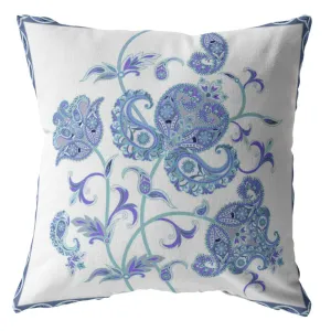 26” Blue White Wildflower Indoor Outdoor Zippered Throw Pillow