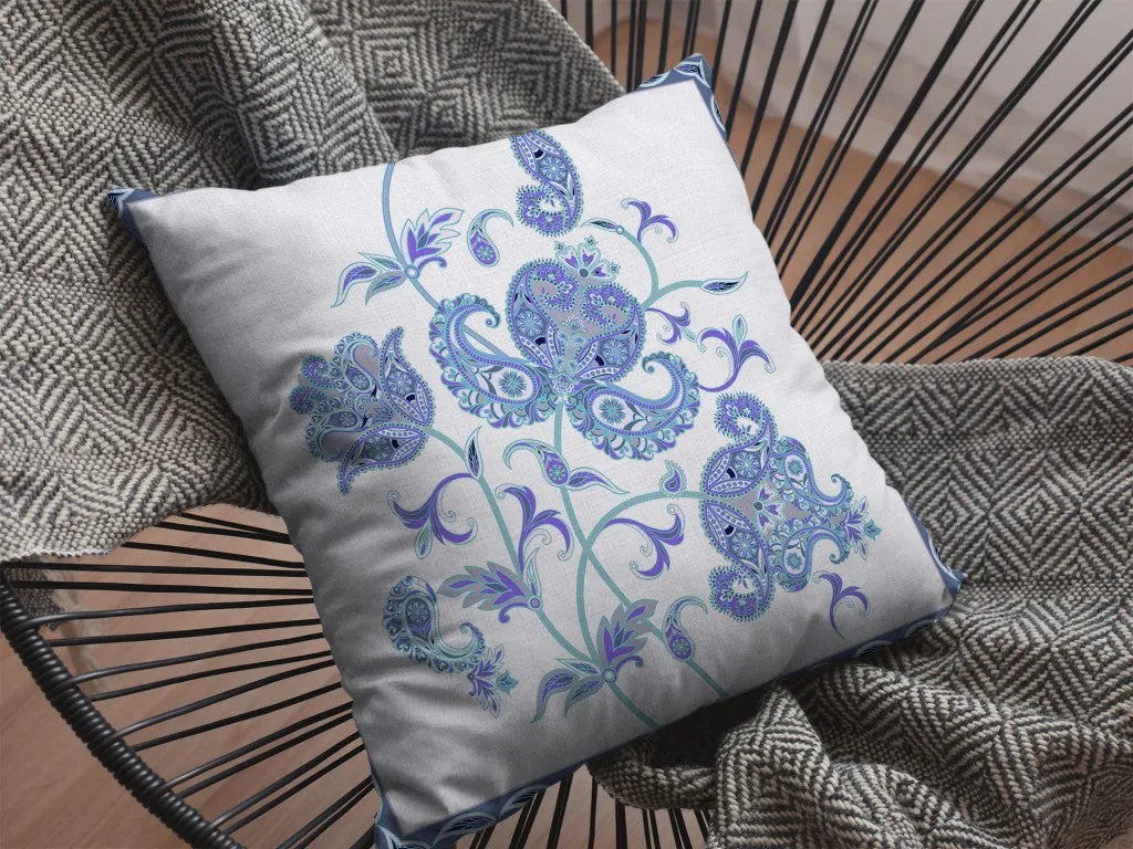26” Blue White Wildflower Indoor Outdoor Zippered Throw Pillow