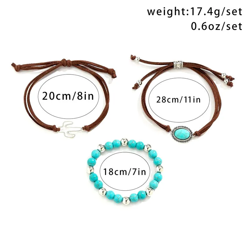 3Pcs/Set Women's Bohemian Style Blue Natural Stone Beaded Bracelets