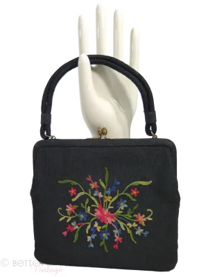 50s Ingber Black Wool Embroidered Frame Purse