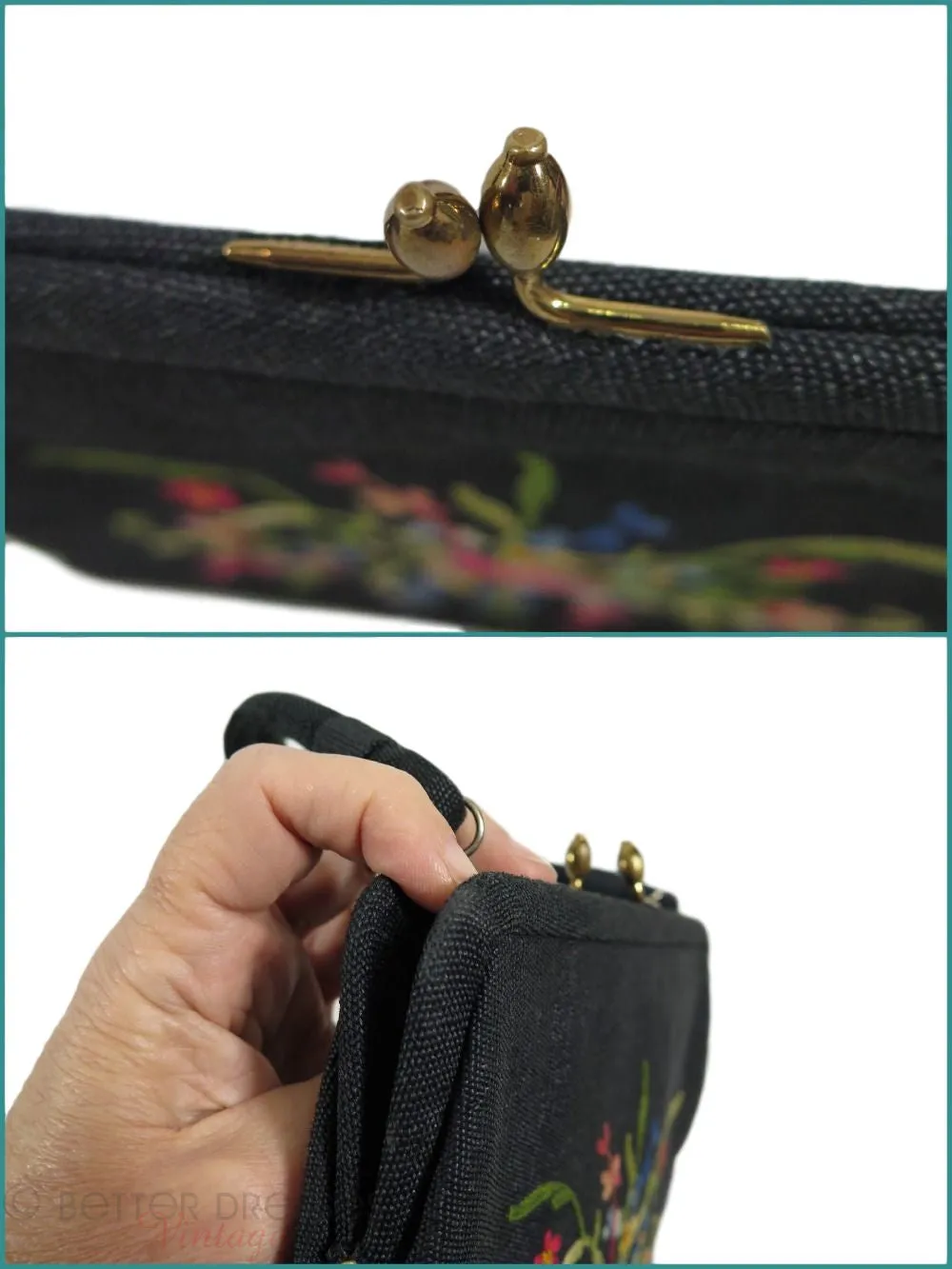 50s Ingber Black Wool Embroidered Frame Purse
