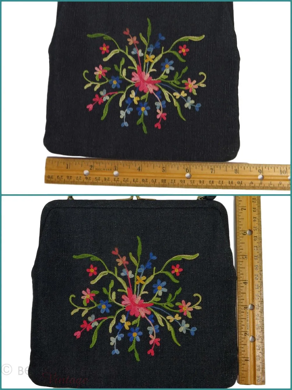 50s Ingber Black Wool Embroidered Frame Purse