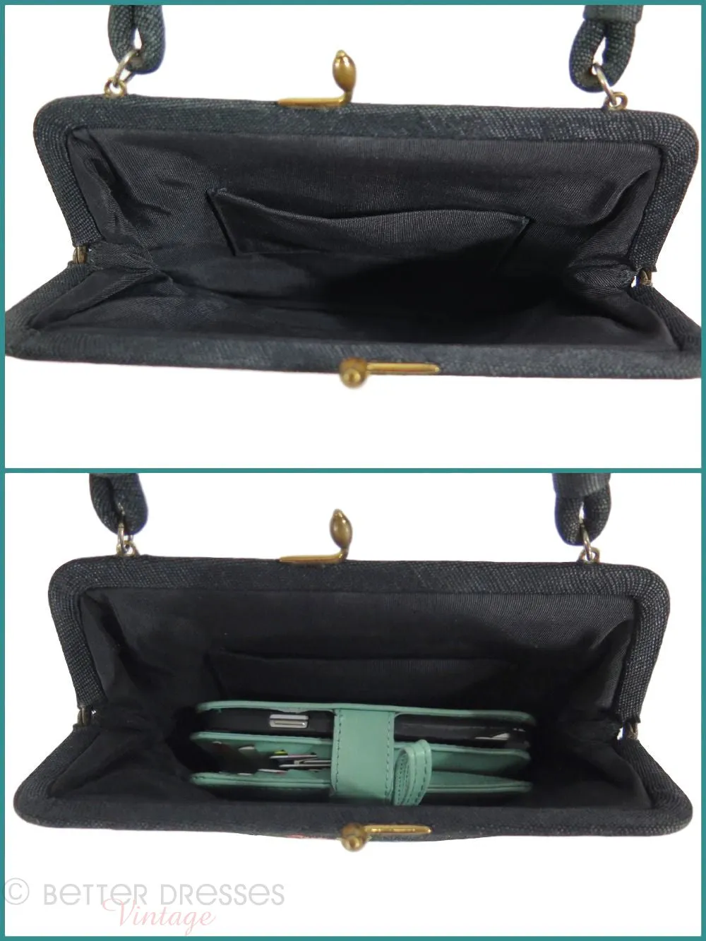 50s Ingber Black Wool Embroidered Frame Purse