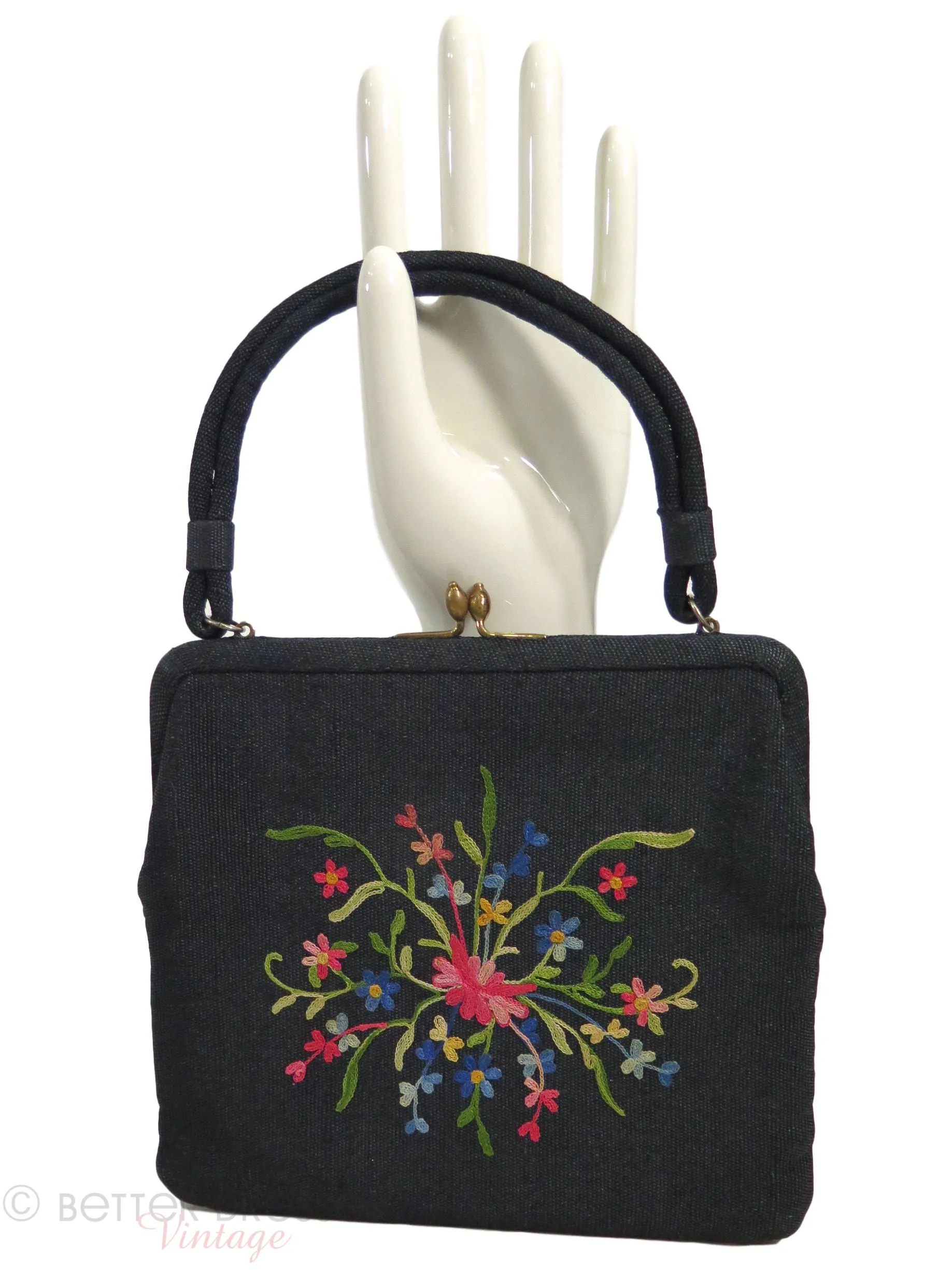 50s Ingber Black Wool Embroidered Frame Purse