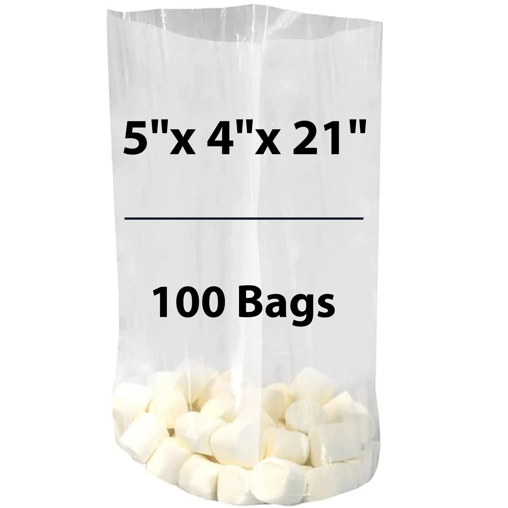5X4X21 inches Gusseted Poly Bags Clear 1 Mil Low Density LDPE