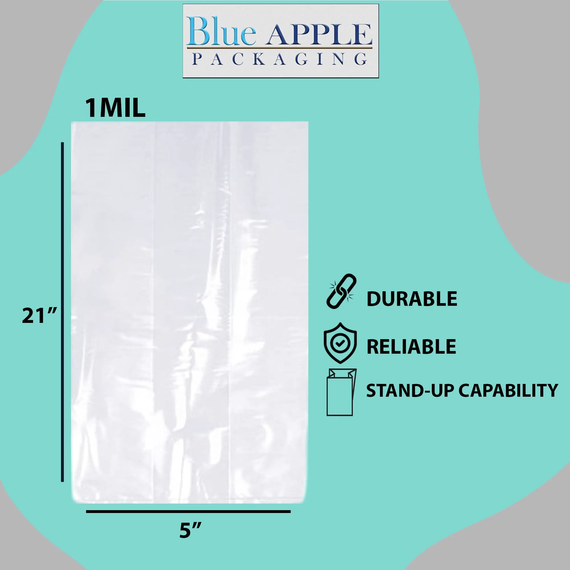 5X4X21 inches Gusseted Poly Bags Clear 1 Mil Low Density LDPE