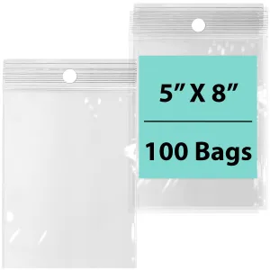 5X8 inches Reclosable Poly Bags with Hang Hole 2 Mil (LDPE) Single Track Zipper
