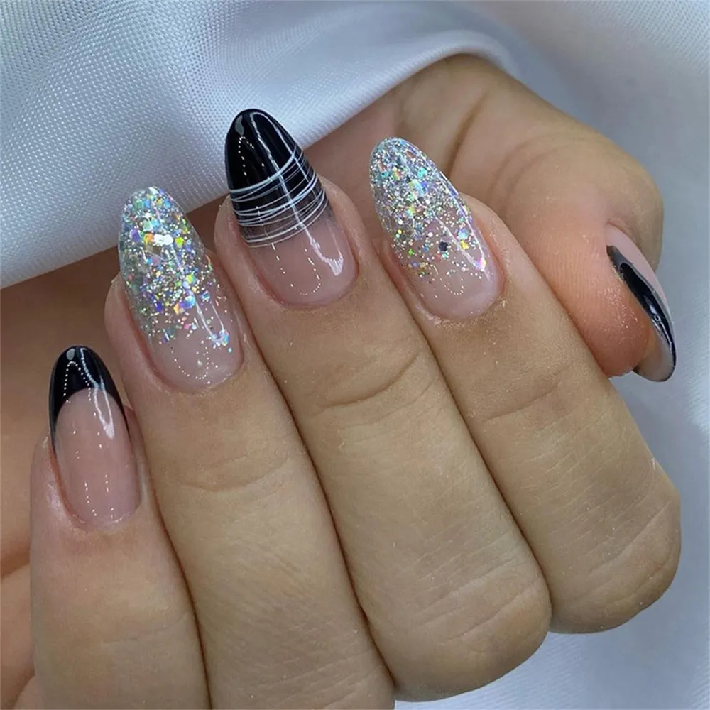 Almond Minimalist lines Black Silver