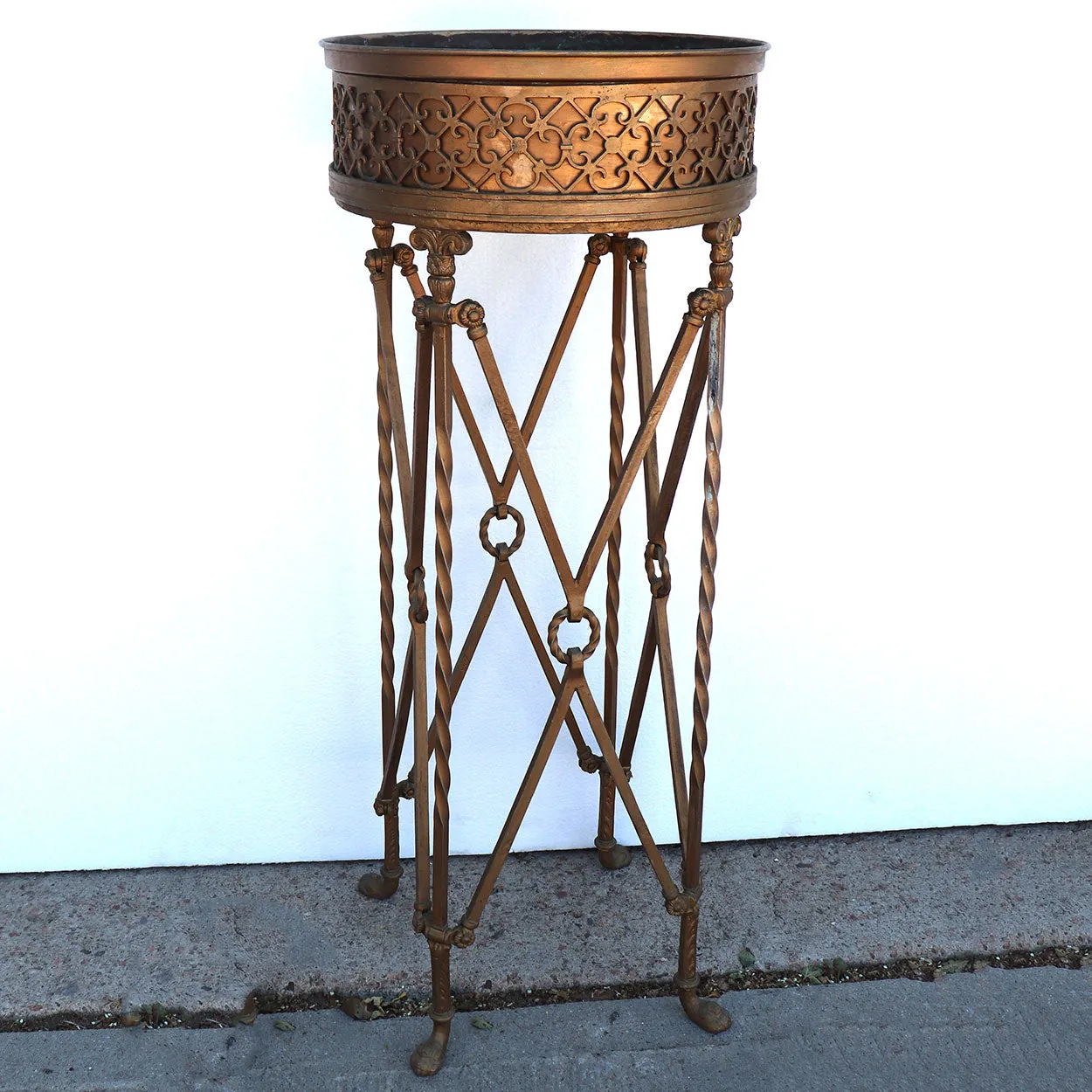 American Neoclassical Gold Painted Wrought Iron and Brass Planter Stand