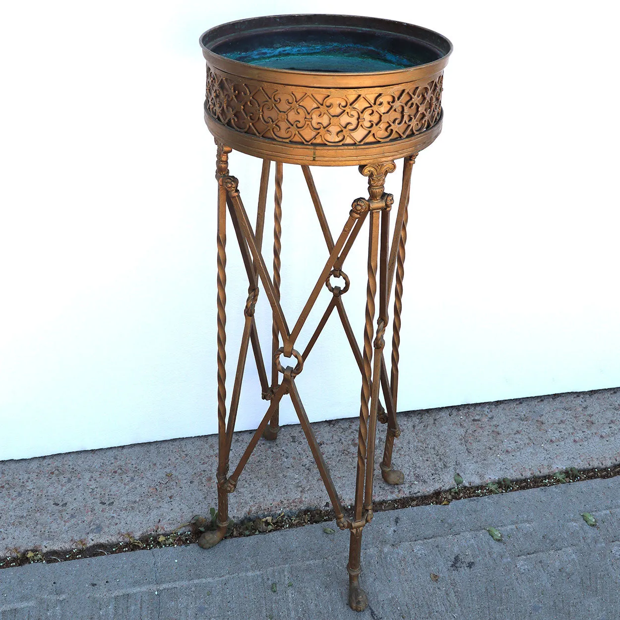 American Neoclassical Gold Painted Wrought Iron and Brass Planter Stand