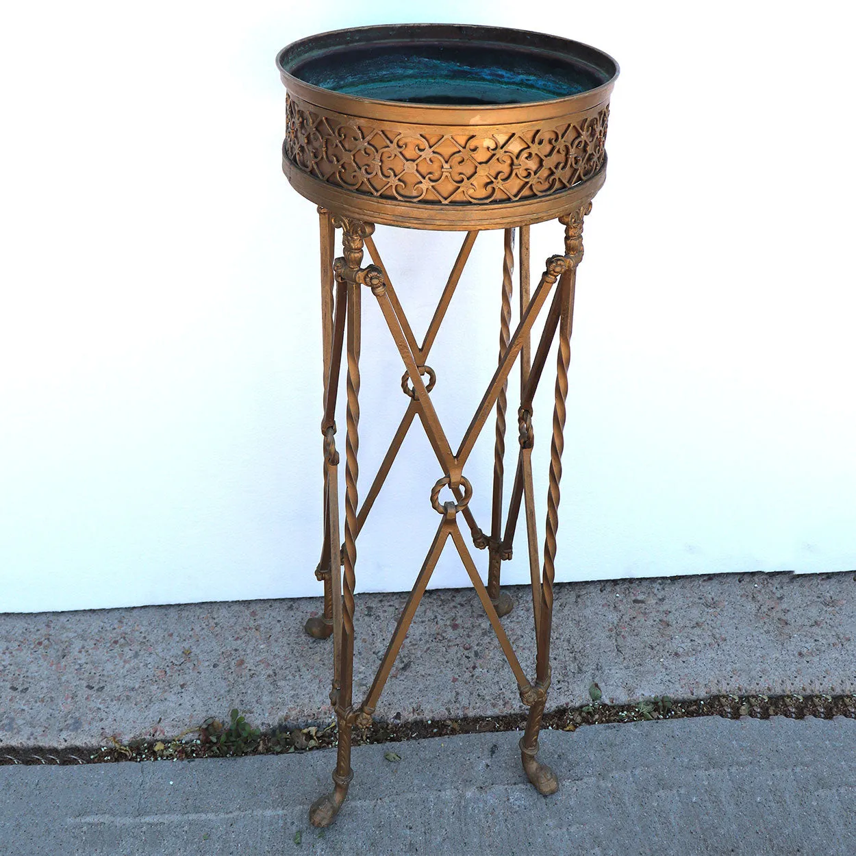 American Neoclassical Gold Painted Wrought Iron and Brass Planter Stand