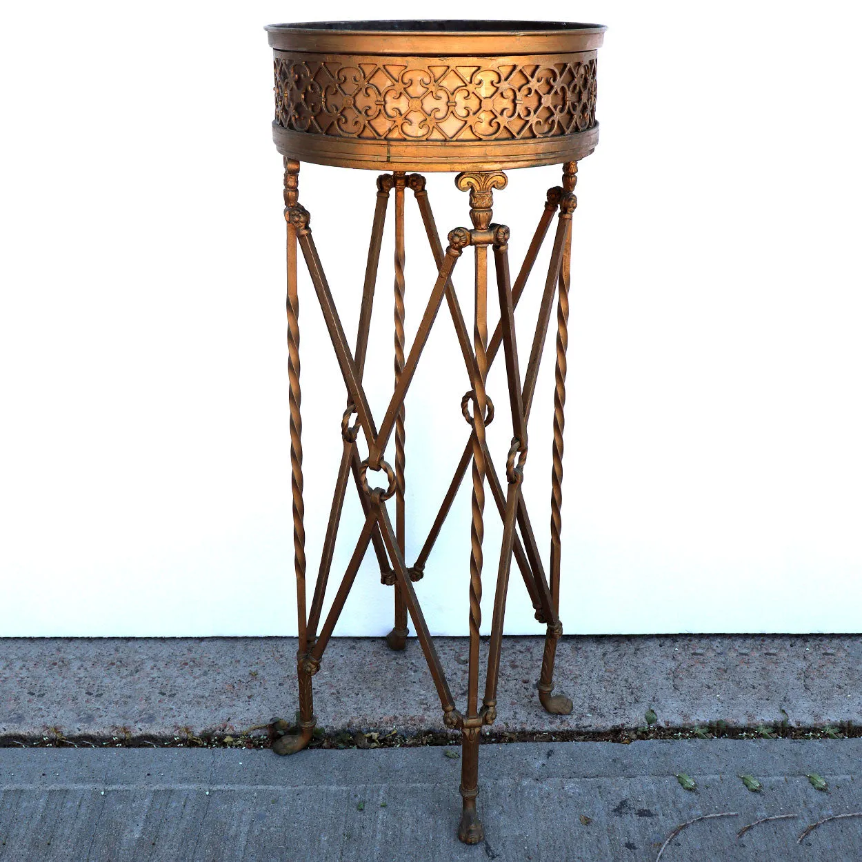 American Neoclassical Gold Painted Wrought Iron and Brass Planter Stand