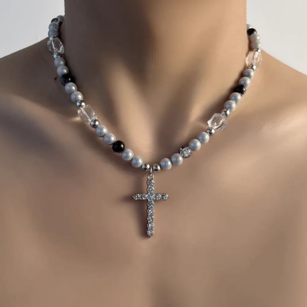 American Reflective Pearl Cross Necklace