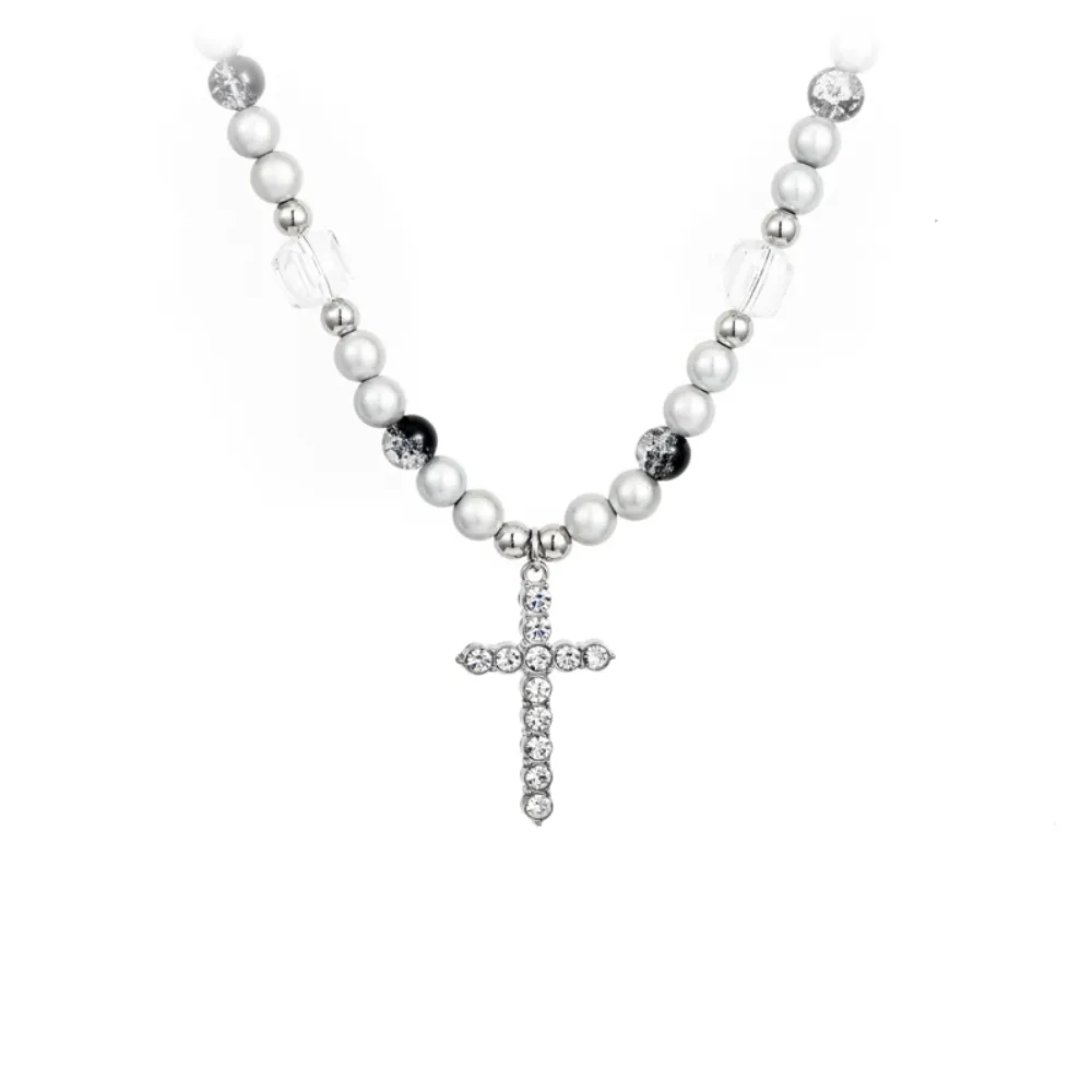American Reflective Pearl Cross Necklace