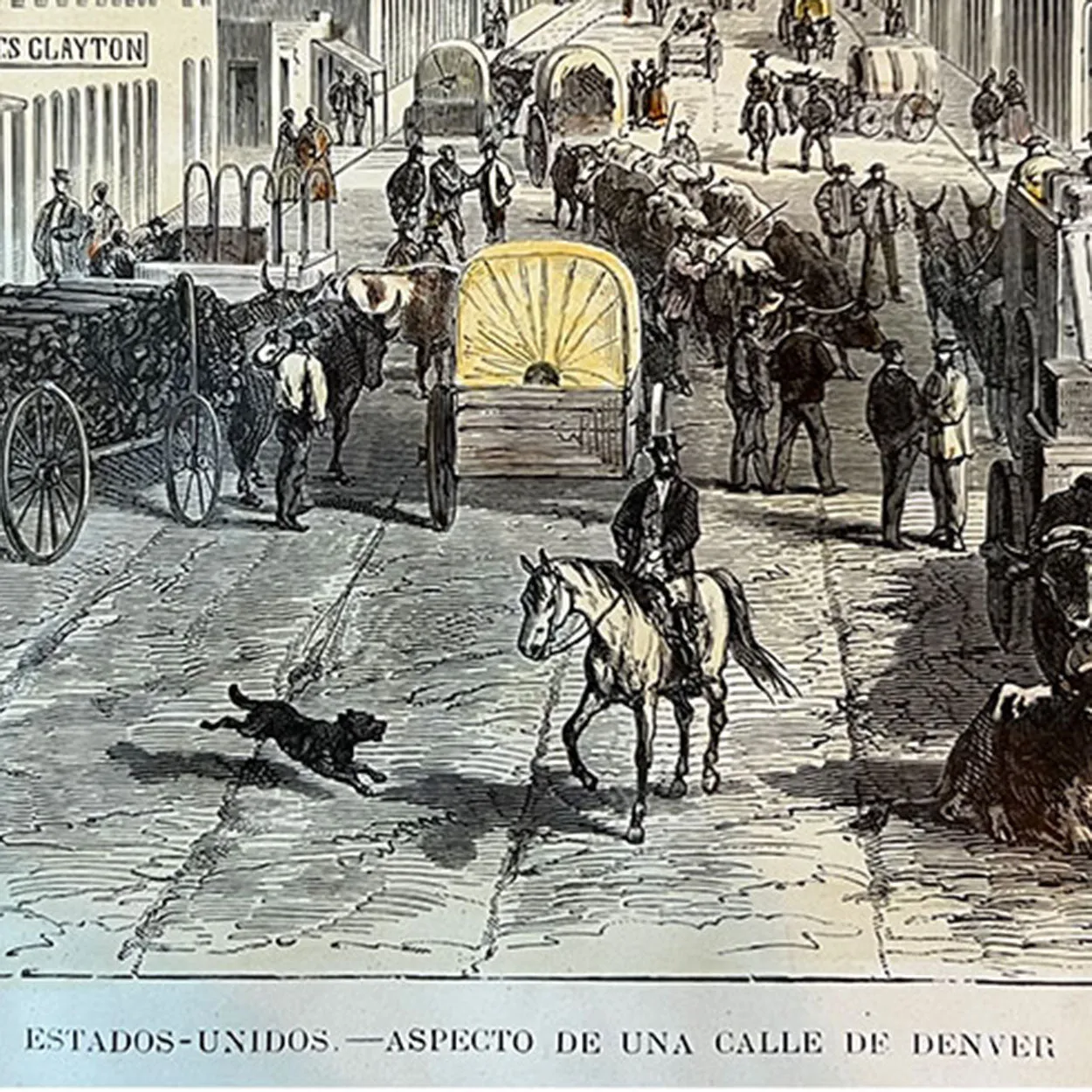 ANGE-LOUIS JANET Spanish Colored Engraving, F Street (15th Street), Denver, Colorado