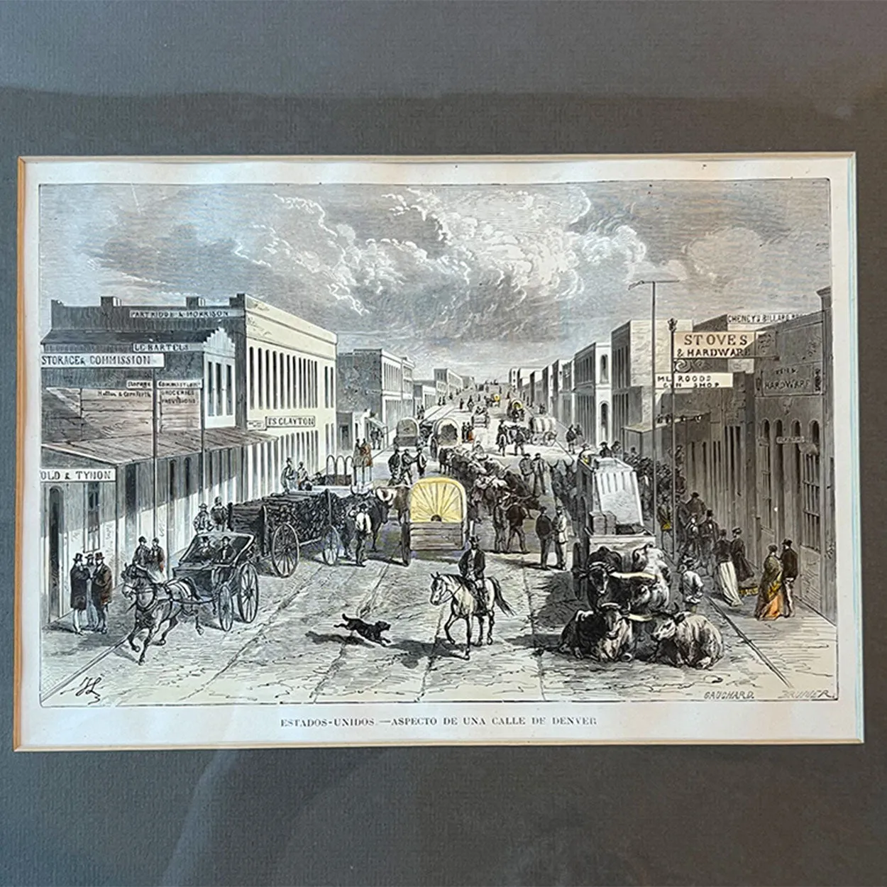 ANGE-LOUIS JANET Spanish Colored Engraving, F Street (15th Street), Denver, Colorado