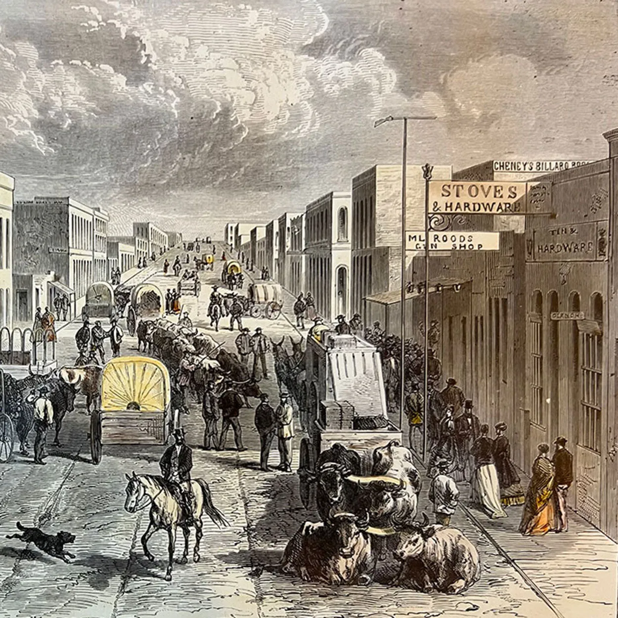 ANGE-LOUIS JANET Spanish Colored Engraving, F Street (15th Street), Denver, Colorado