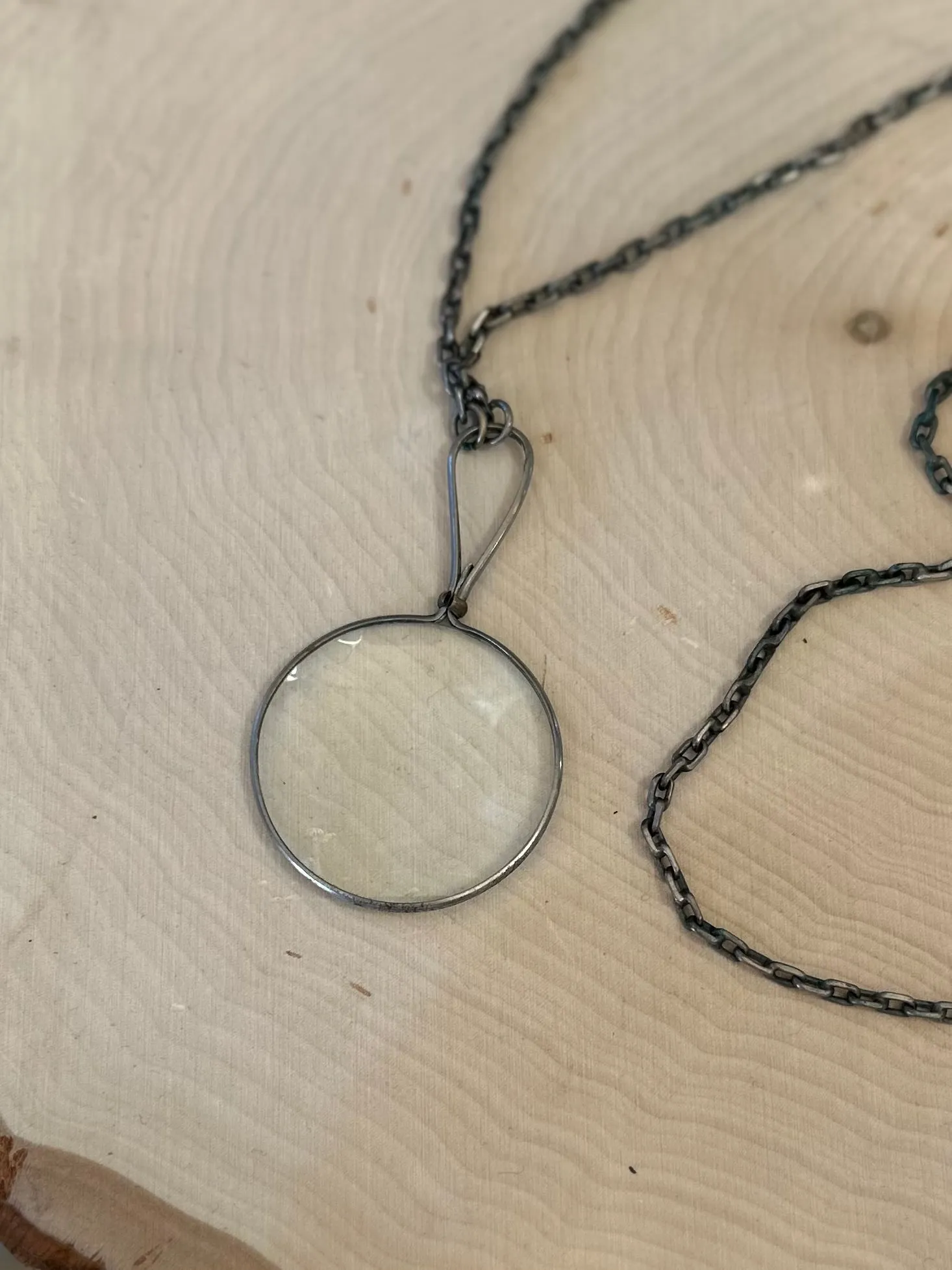 Antique Silver Tone Link Chain with Magnifying Glass Pendant Unique Statement Necklace