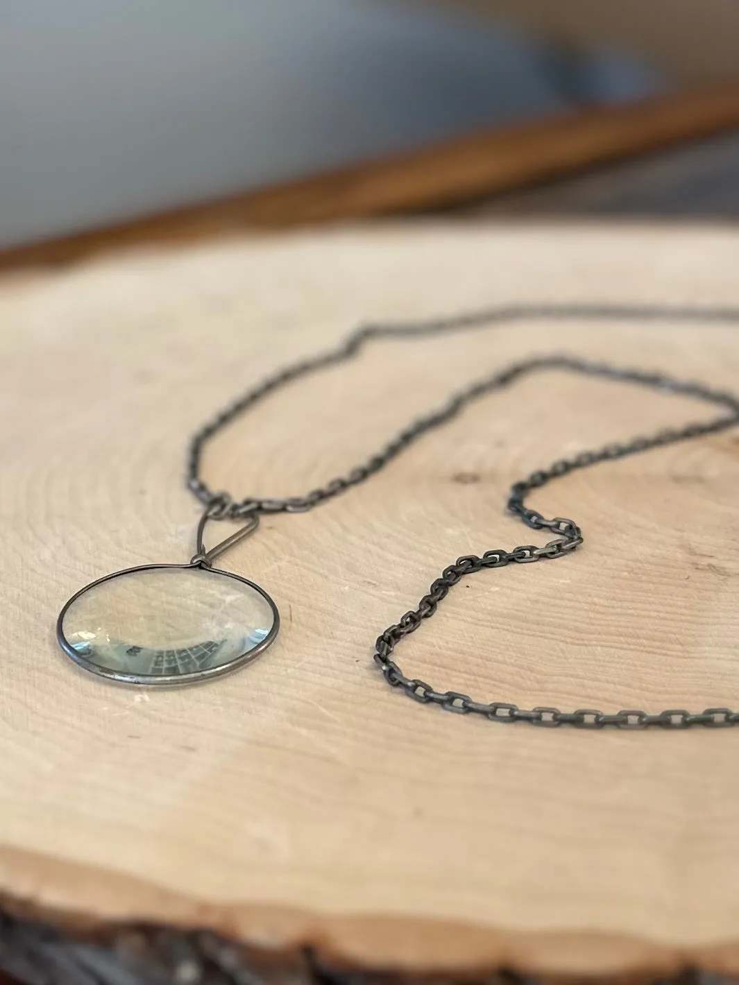 Antique Silver Tone Link Chain with Magnifying Glass Pendant Unique Statement Necklace