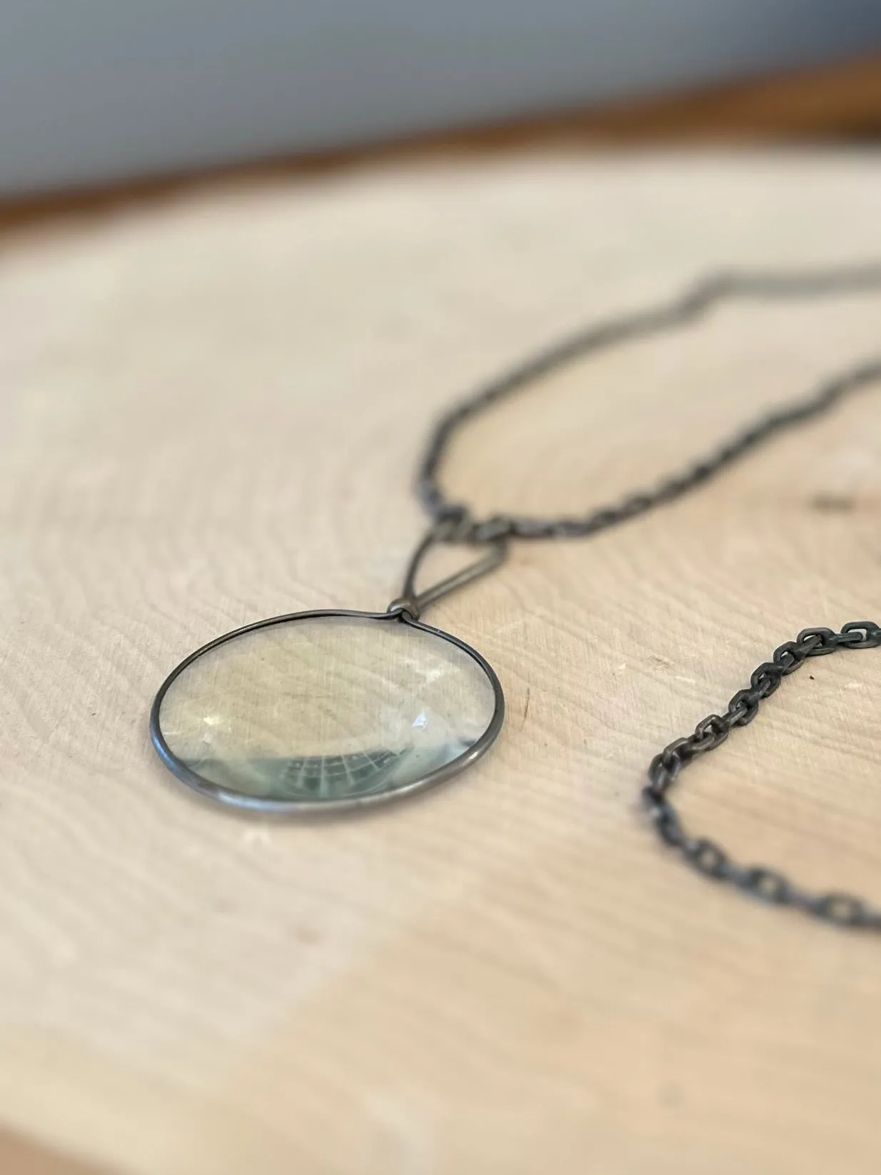 Antique Silver Tone Link Chain with Magnifying Glass Pendant Unique Statement Necklace