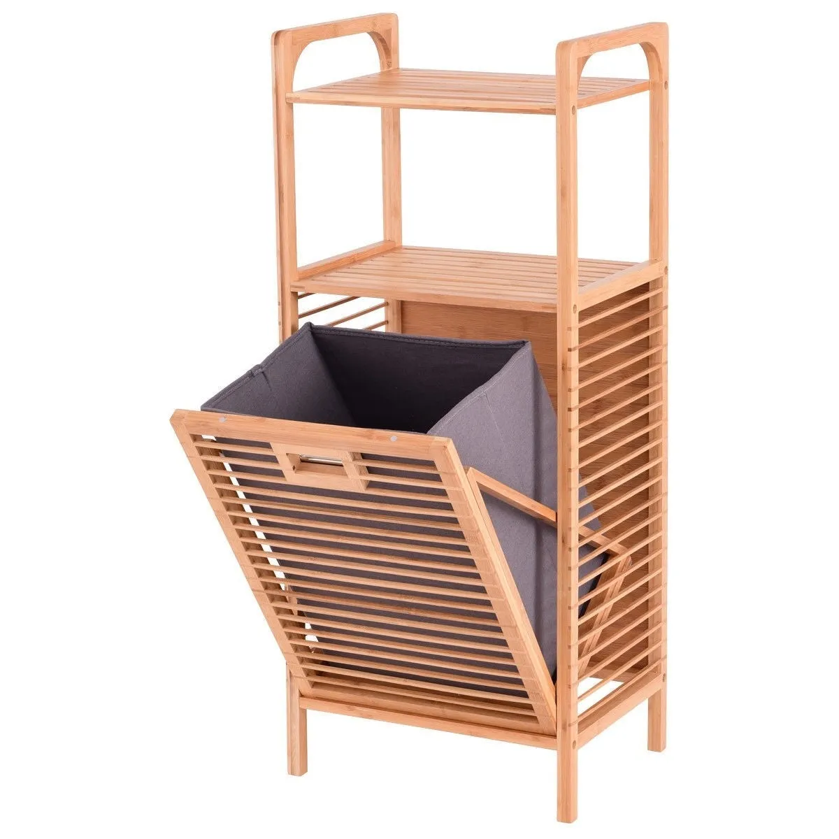 Bamboo 2-in-1 Laundry Hamper Side Table with 2 Shelves and Clothes Basket
