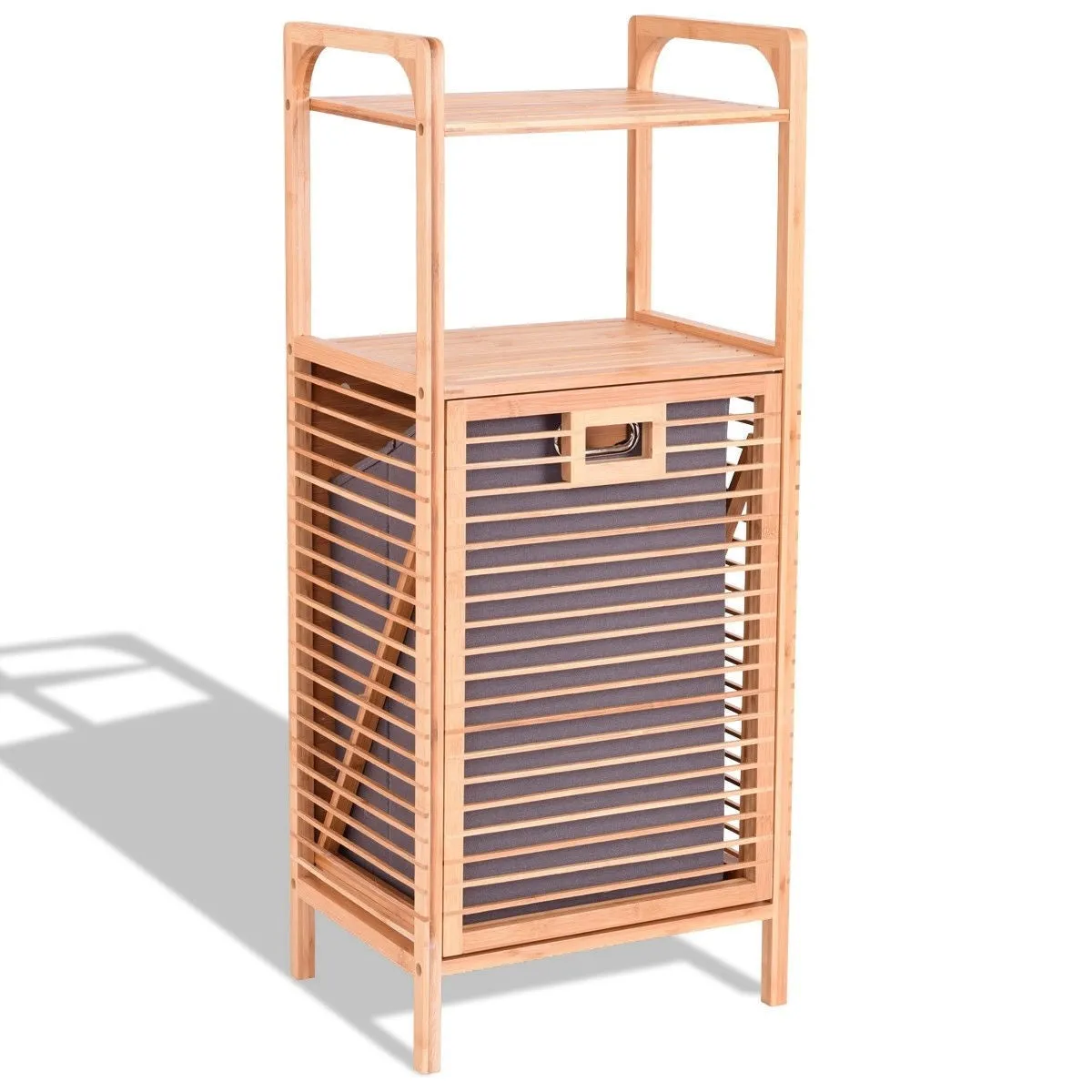 Bamboo 2-in-1 Laundry Hamper Side Table with 2 Shelves and Clothes Basket