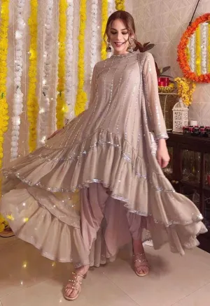 Beige Linear Tier Dhoti And Kurta