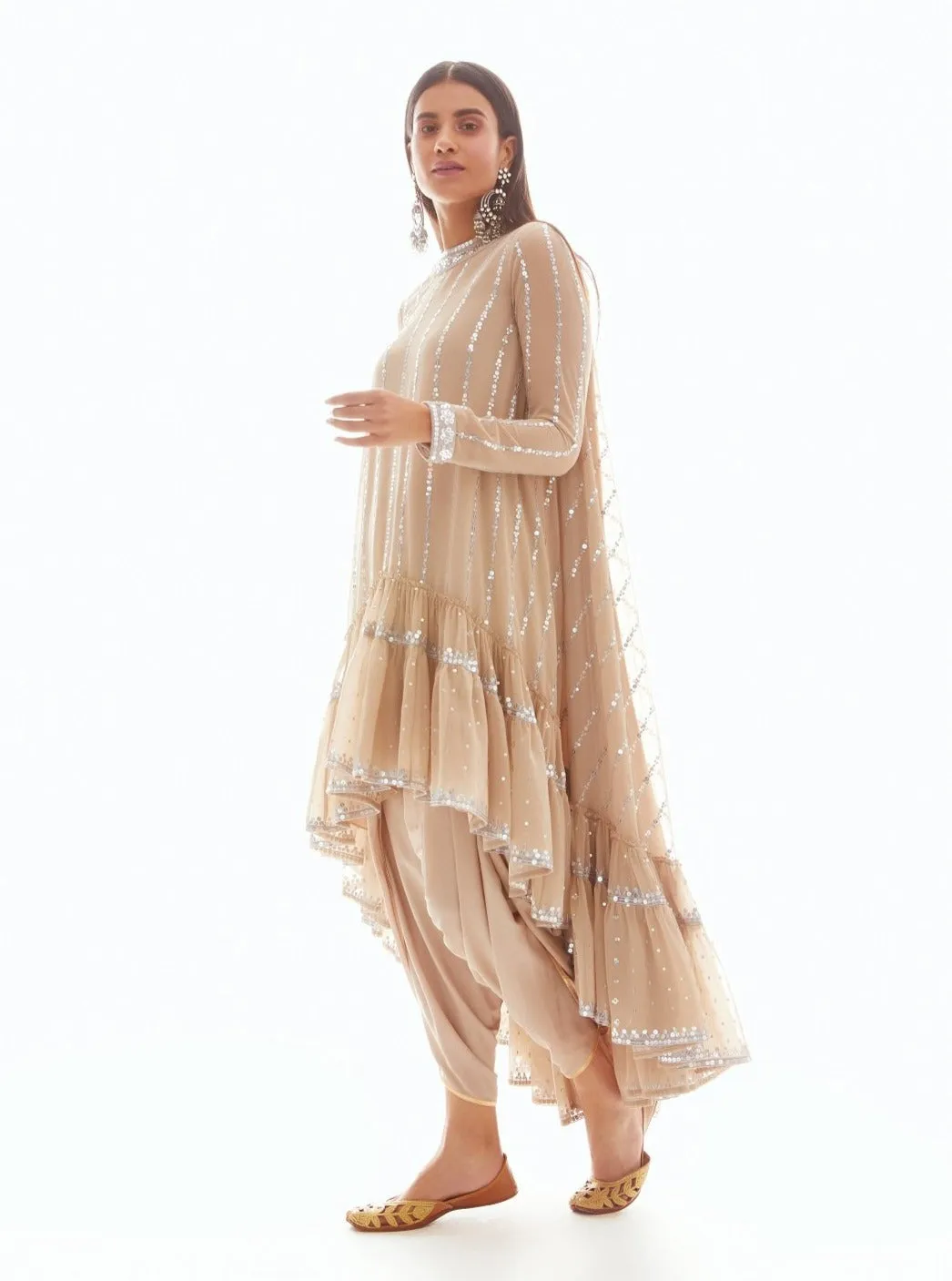 Beige Linear Tier Dhoti And Kurta