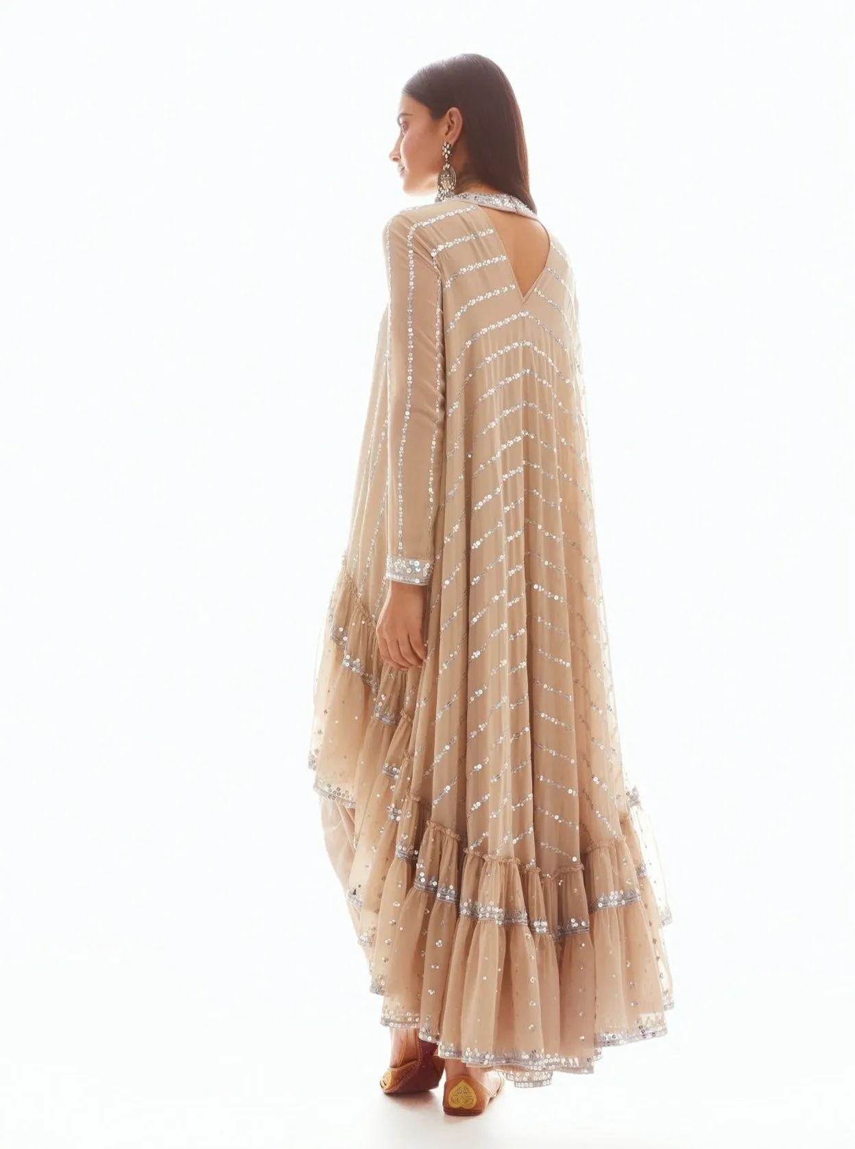 Beige Linear Tier Dhoti And Kurta