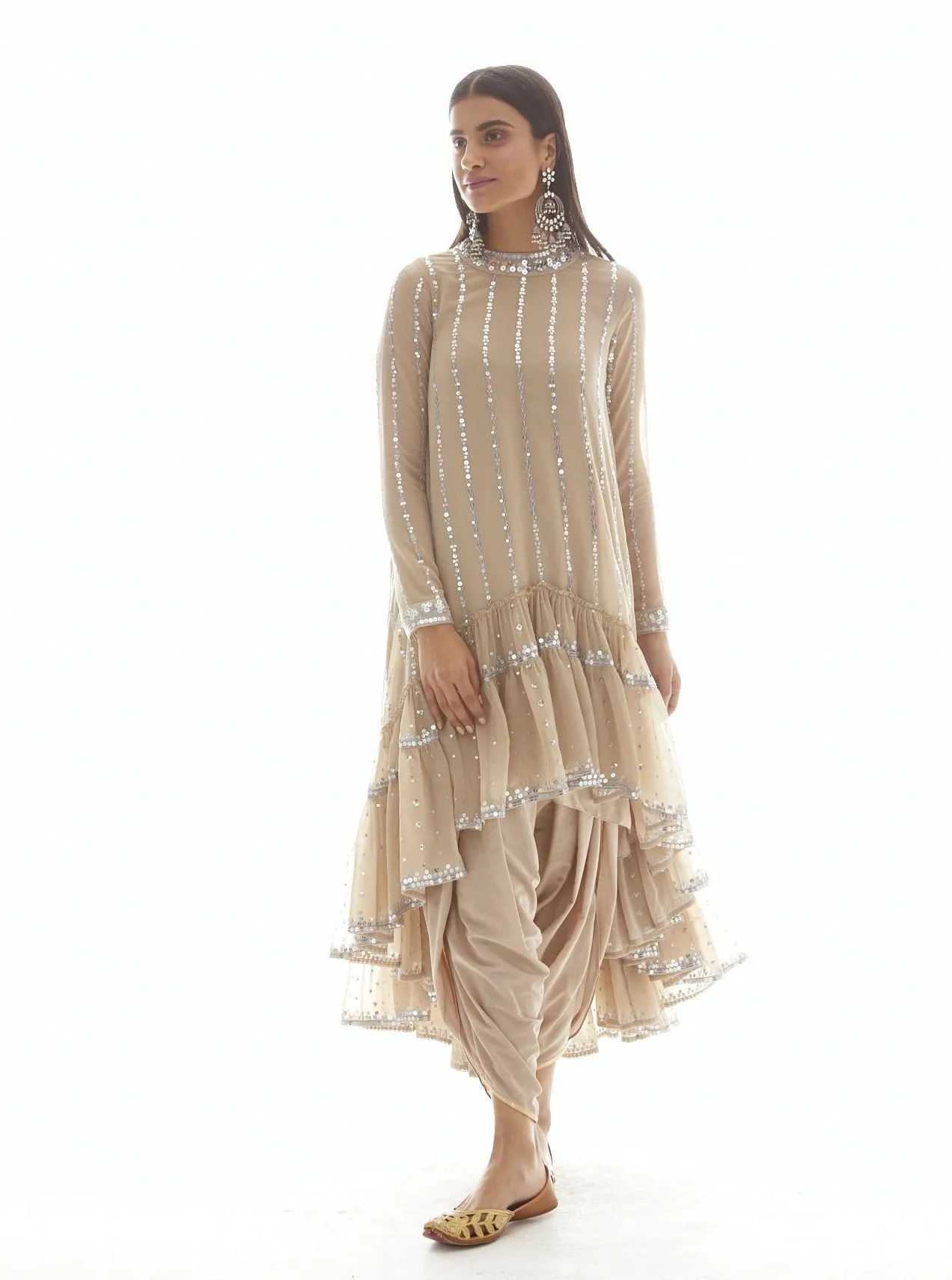 Beige Linear Tier Dhoti And Kurta