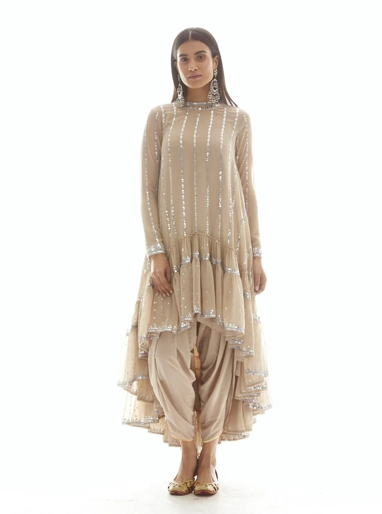 Beige Linear Tier Dhoti And Kurta