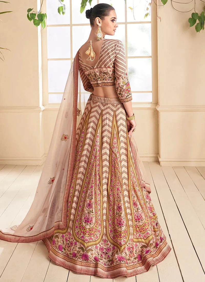 Beige Multi Colour Floral Printed Designer Embroidered Lehenga Choli