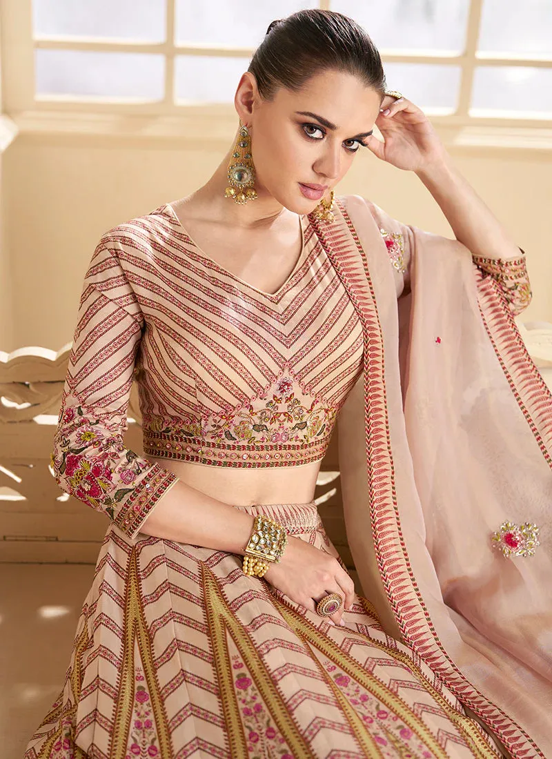 Beige Multi Colour Floral Printed Designer Embroidered Lehenga Choli