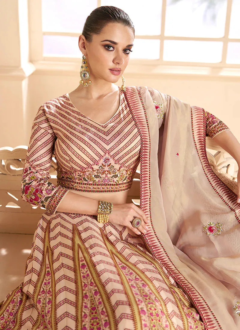 Beige Multi Colour Floral Printed Designer Embroidered Lehenga Choli