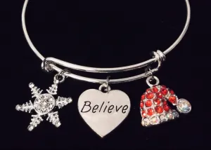 Believe in Christmas Expandable Charm Bracelet Adjustable Silver Stackable Bangle Trendy One Size Fits All Gift