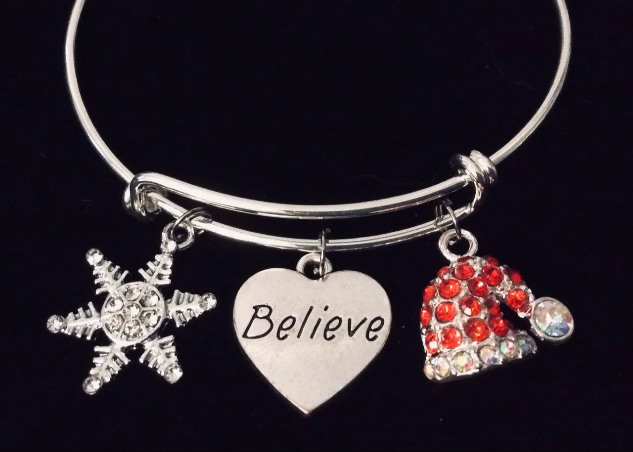 Believe in Christmas Expandable Charm Bracelet Adjustable Silver Stackable Bangle Trendy One Size Fits All Gift