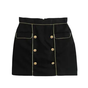 Beulah London Style Black Mini Skirt Gold Trim Gold Buttons SZ L NWT