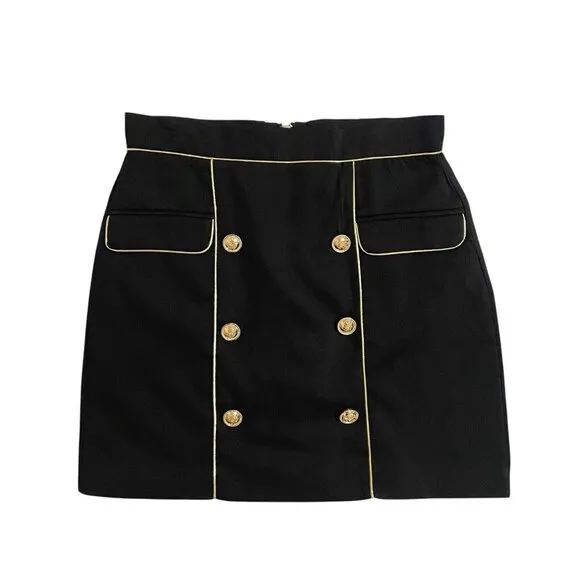 Beulah London Style Black Mini Skirt Gold Trim Gold Buttons SZ L NWT