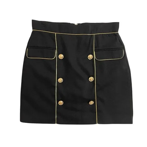 Beulah London Style Black Mini Skirt Gold Trim Gold Buttons SZ L NWT