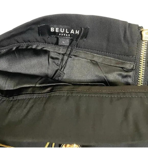 Beulah London Style Black Mini Skirt Gold Trim Gold Buttons SZ L NWT